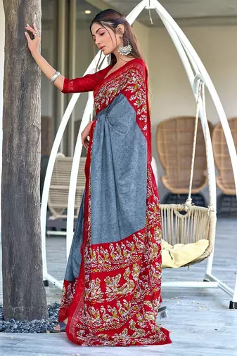 Grey, red batik print soft pure cotton saree with blouse.