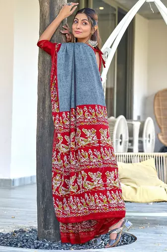 Grey, red batik print soft pure cotton saree with blouse.