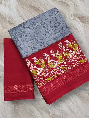 Grey, red batik print soft pure cotton saree with blouse. 5