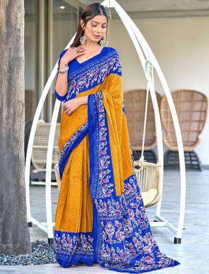 Mustard, blue batik print soft pure cotton saree with blouse. 1