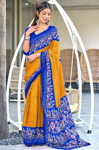 Mustard, blue batik print soft pure cotton saree with blouse.