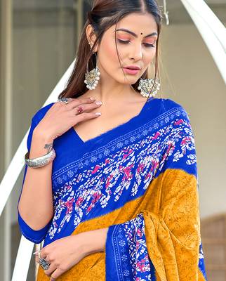 Mustard, blue batik print soft pure cotton saree with blouse. 2