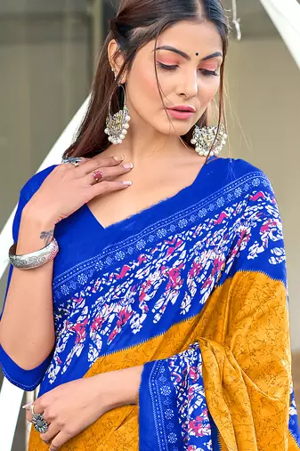 Mustard, blue batik print soft pure cotton saree with blouse.