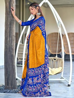 Mustard, blue batik print soft pure cotton saree with blouse. 3