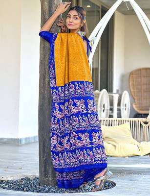 Mustard, blue batik print soft pure cotton saree with blouse. 4