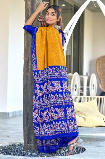 Mustard, blue batik print soft pure cotton saree with blouse.