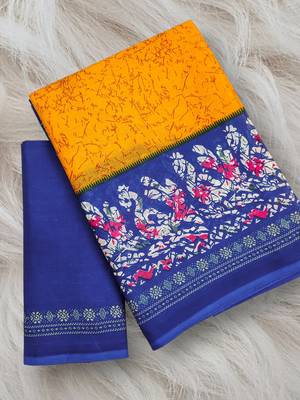 Mustard, blue batik print soft pure cotton saree with blouse. 5