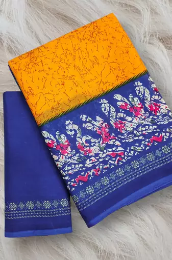 Mustard, blue batik print soft pure cotton saree with blouse.