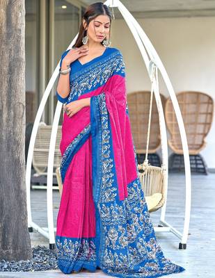 Pink, blue batik print soft pure cotton saree with blouse. 1