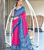 Pink, blue batik print soft pure cotton saree with blouse.