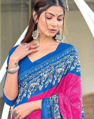 Pink, blue batik print soft pure cotton saree with blouse. 2