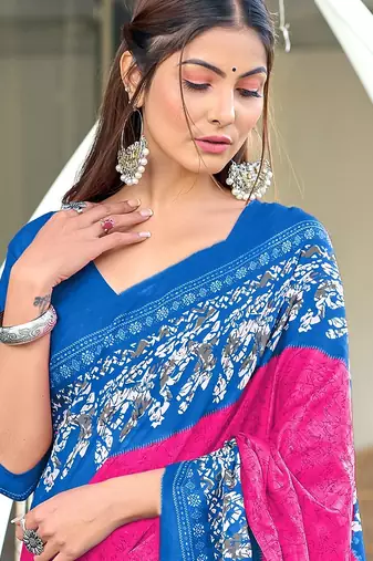 Pink, blue batik print soft pure cotton saree with blouse.