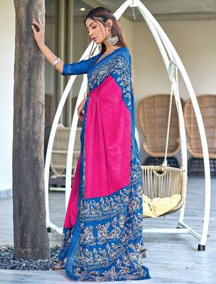 Pink, blue batik print soft pure cotton saree with blouse. 3