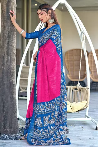 Pink, blue batik print soft pure cotton saree with blouse.