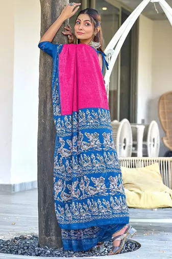 Pink, blue batik print soft pure cotton saree with blouse.