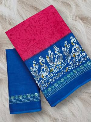 Pink, blue batik print soft pure cotton saree with blouse. 5