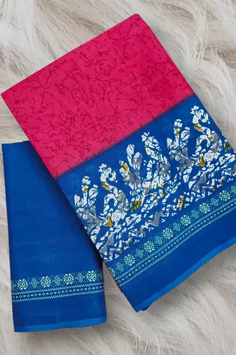 Pink, blue batik print soft pure cotton saree with blouse.