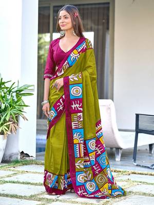 Mehendi block print soft pure cotton saree with blouse. 1