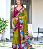 Mehendi block print soft pure cotton saree with blouse.
