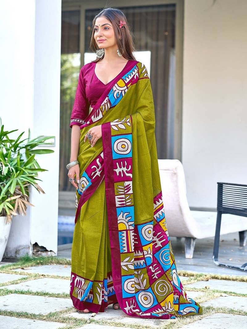 Mehendi block print soft pure cotton saree with blouse.