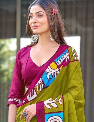 Mehendi block print soft pure cotton saree with blouse. 2
