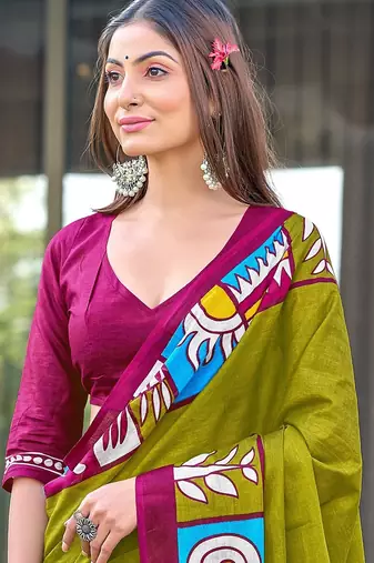 Mehendi block print soft pure cotton saree with blouse.