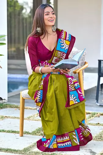 Mehendi block print soft pure cotton saree with blouse.