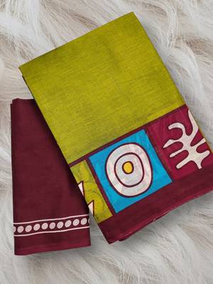 Mehendi block print soft pure cotton saree with blouse. 5