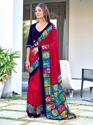 Pink block print soft pure cotton saree with blouse. 1