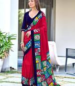 Pink block print soft pure cotton saree with blouse.