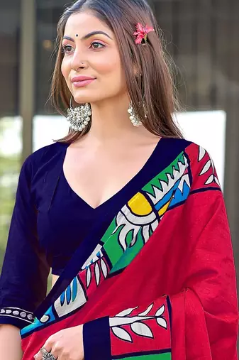 Pink block print soft pure cotton saree with blouse.