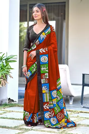 Red block print soft pure cotton saree with blouse.