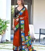 Red block print soft pure cotton saree with blouse.