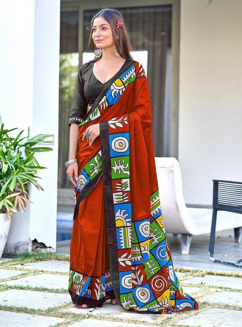 Red block print soft pure cotton saree with blouse.