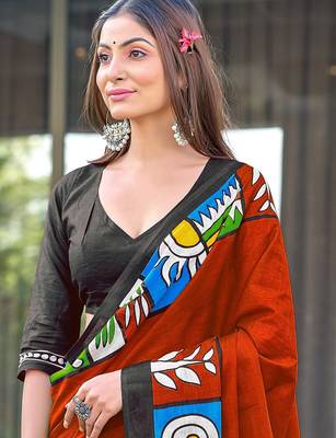 Red block print soft pure cotton saree with blouse. 2