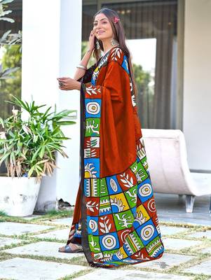 Red block print soft pure cotton saree with blouse. 4