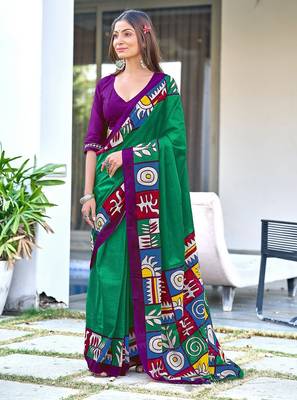 Teal green block print soft pure cotton saree with blouse. 1