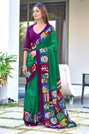 Teal green block print soft pure cotton saree with blouse.