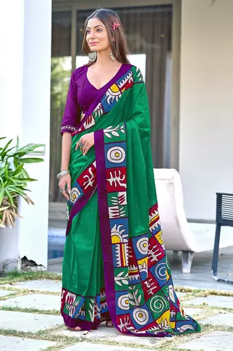 Teal green block print soft pure cotton saree with blouse.