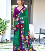 Teal green block print soft pure cotton saree with blouse.