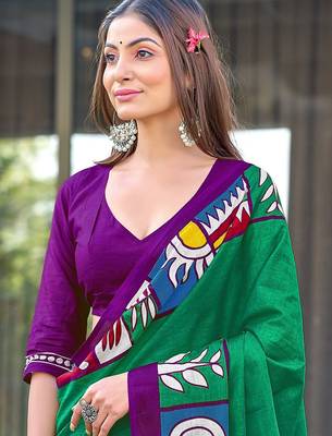 Teal green block print soft pure cotton saree with blouse. 2