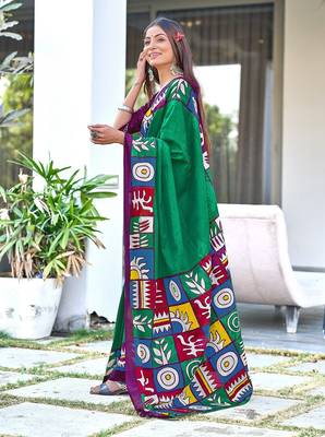 Teal green block print soft pure cotton saree with blouse. 4