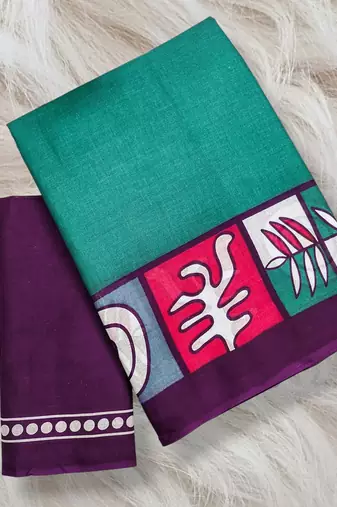 Teal green block print soft pure cotton saree with blouse.
