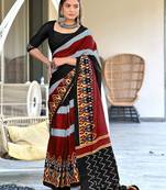 Black ikkat print soft pure cotton saree with blouse.