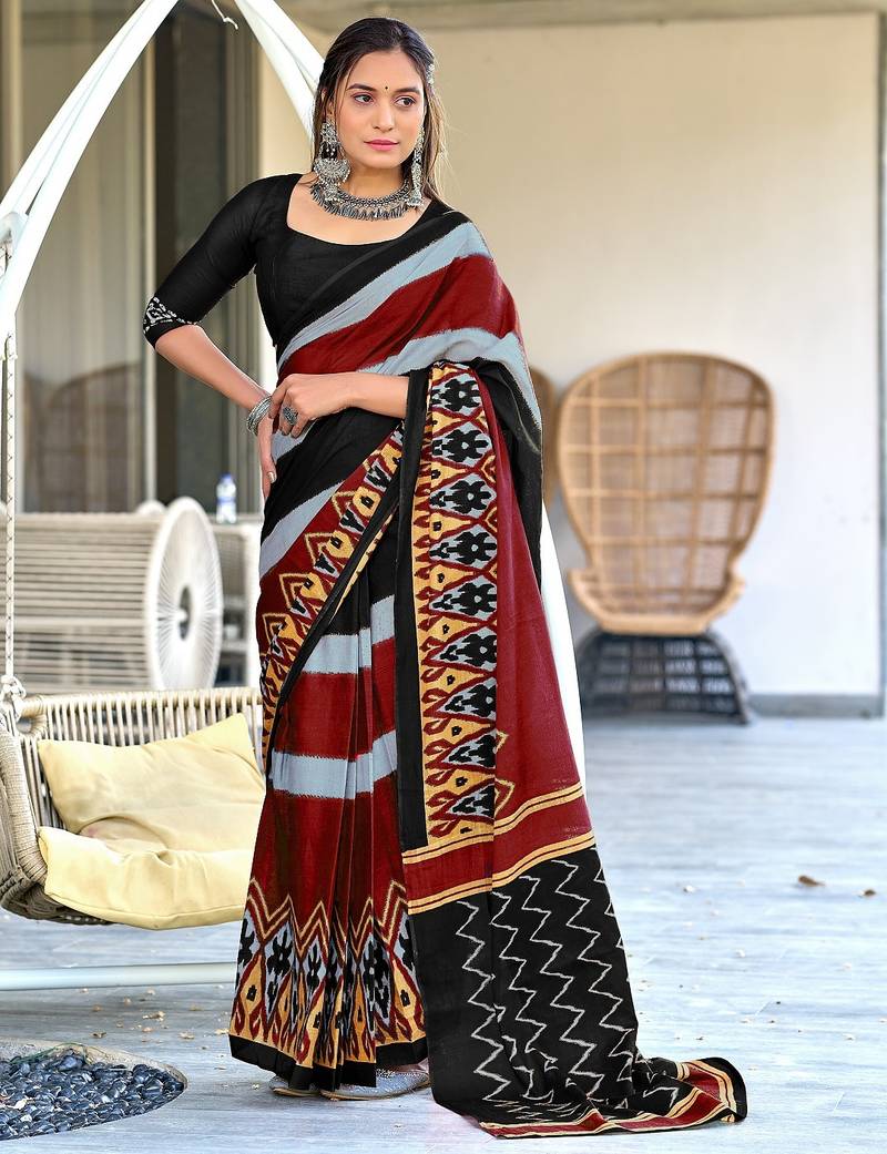 Black ikkat print soft pure cotton saree with blouse.