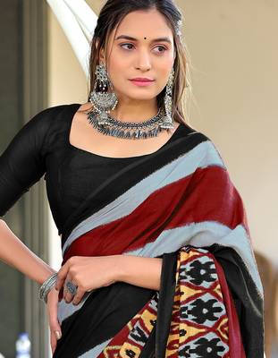 Black ikkat print soft pure cotton saree with blouse. 2