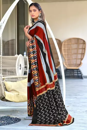 Black ikkat print soft pure cotton saree with blouse.
