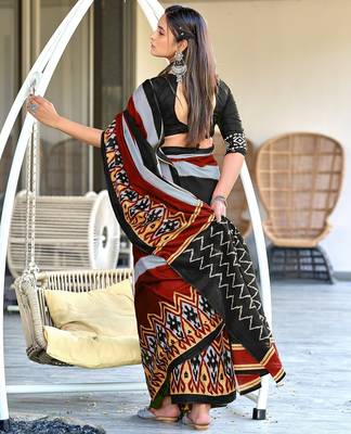 Black ikkat print soft pure cotton saree with blouse. 4
