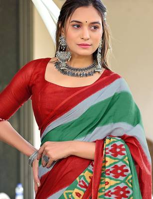 Green ikkat print soft pure cotton saree with blouse. 2