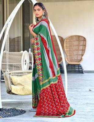 Green ikkat print soft pure cotton saree with blouse. 3